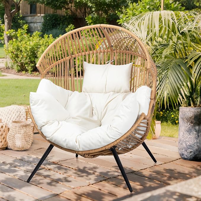 Vongrasig Outdoor Wicker Egg Chair PE Rattan Chair with Cushion, Oversized Patio Lounge Chair for Outdoor, Indoor, Balcony, Backyard, Garden, Beige - Image 2