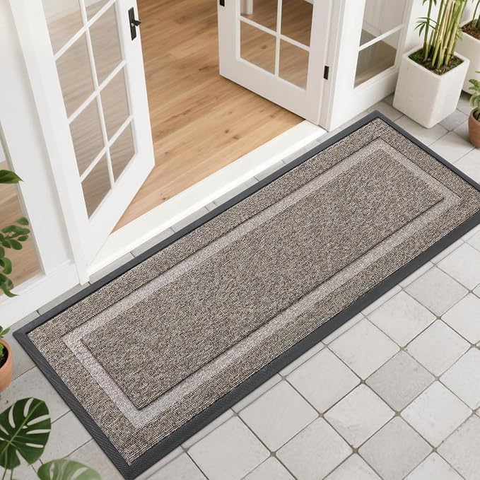 OLANLY Front Door Mat Indoor Outdoor Entrance, Waterproof All-Season, All-Weather Doormat, Sturdy Natural Rubber, Low Profile, Easy Clean Patio Porch Entryway Mat, 47x17, Khaki and White by OLANLY