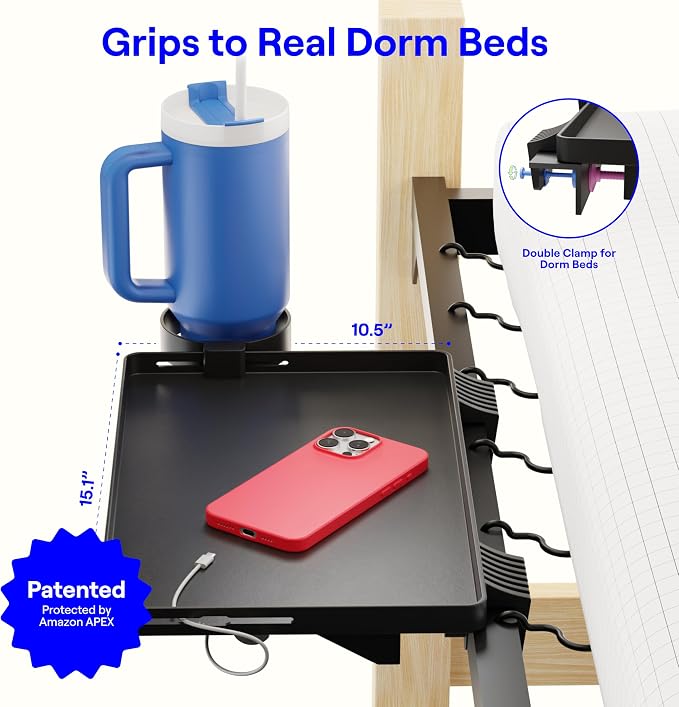 BedShelfie Bedside Shelf for Dorm Room Bunk Bed & Top Bunk, College Dorm Room Essentials, Bedside Caddy, Clip on Floating Tray, Bed Side Table Storage, Loft Nightstand Decor, Black - Image 2