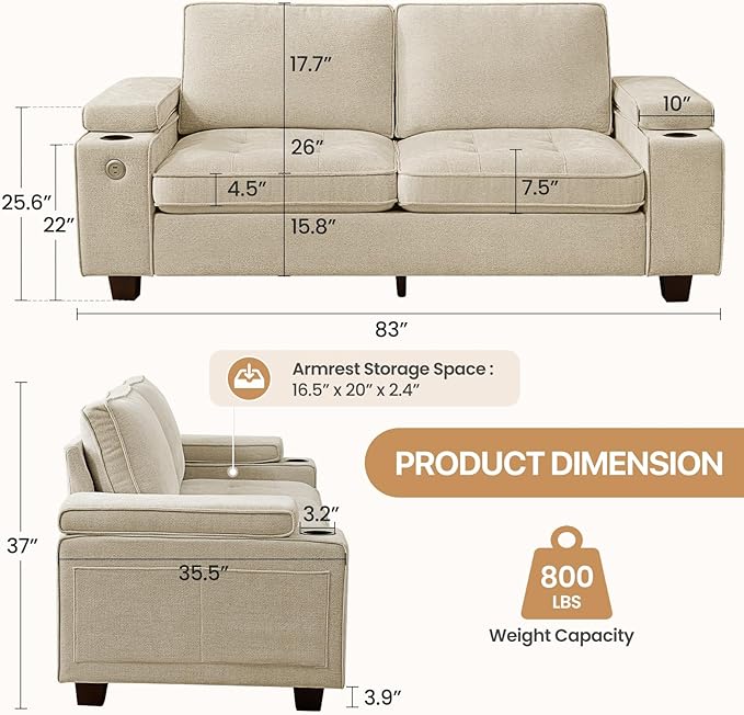 74" Loveseat Couch for Living Room, Modern Chenille Upholstered Sofa with Adjustable Armrest,Storage,Cup Holders,USB & Type-C Ports,Solid Wood 2-Seater Loveseat Sofa for Apartment(Beige)