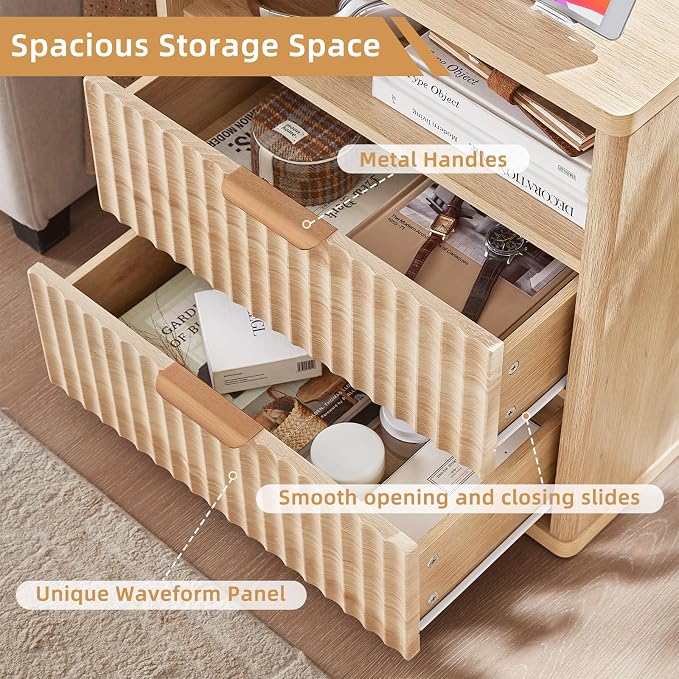 LEYAOYAO Fluted Nightstand with Charging Station, 23" Wide 2 Drawers End Table, Natural Night Stand with Open Storage Cabinet, Farmhouse Bed Side Tables, Wood Dresser for Bedroom, Living Room, Closet - Image 8