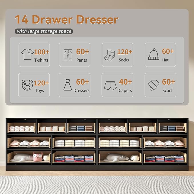 Black Dresser Set of 2, Large Dresser for Bedroom Wooden with 14 Drawers, Fluted Modern Bedroom Furniture Set, TV Stand Dressers & Chests of Drawers for Closet (15.7"D x 110.2"W x 31.8"H)