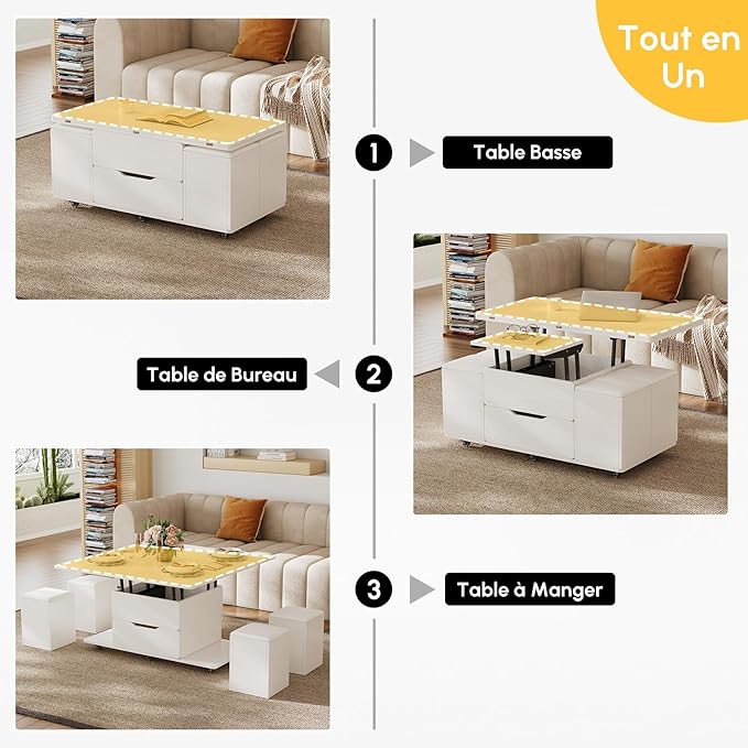 homary White Lift Top Coffee Table with Hidden Storage, 3 in 1 Multi-Function Modern Folding Center Table with 4 Stools and Casters