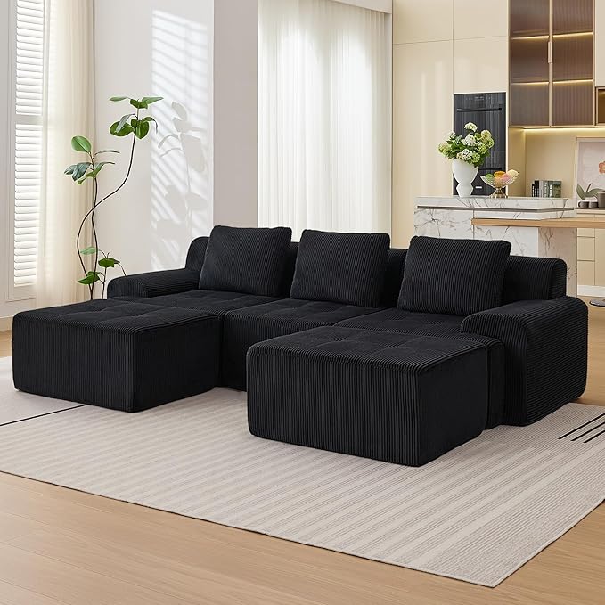 Modular Sectional Sofa, 6 Seat Modular Couch, Modular Sofa with Deep Seat and Detachable Pillow (Black, 5 Pieces-U Shape)