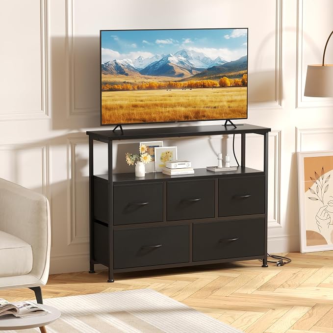 DUMOS TV Stand, Dresser with 5 Fabric Storage Drawers, Media Console Featuring Open Shelf, Fabric Storage Cabinet with Charging Station, Compact Entertainment Unit for Bedroom, Living Room, Black - Image 2