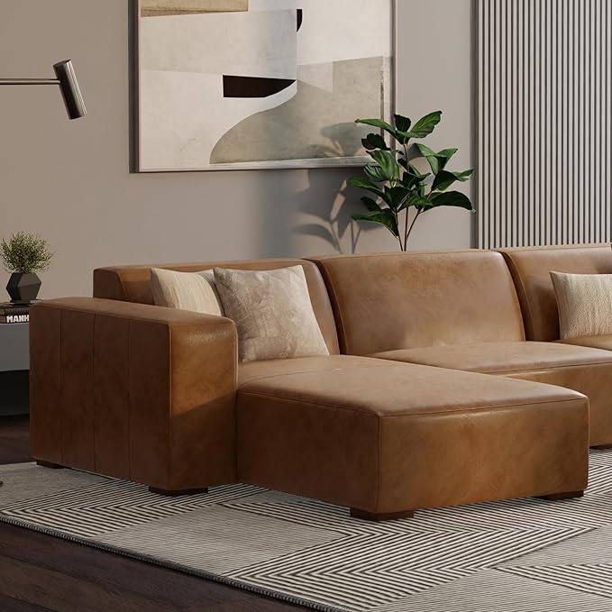 SIMPLIHOME Rex Left Chaise Sofa Module in Full-Grain Genuine Leather, Caramel Brown, 44-inches W x 69.5-inches D, Handcrafted Modern-Style Left-Arm Chaise Lounge Chair for Living Room