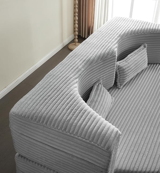 KEIKI Corduroy Floor Sofa Convertible Couch, 15" Full Size Foam Folding Mattress Sleeping Sofa, Lounge Floor Couch Hidabed Sleeper Bed with 2 Pillows, Light Gray