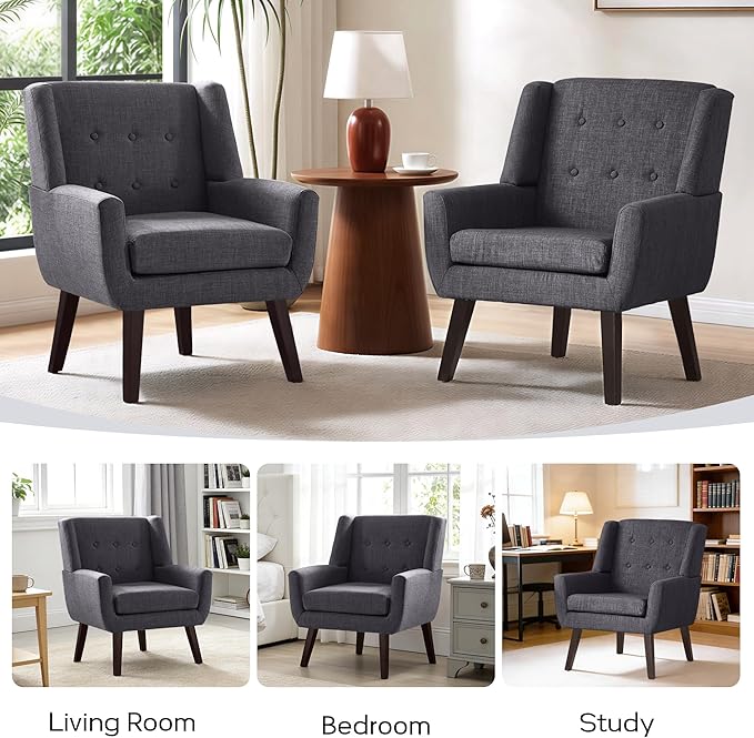 HUIMO Button-Tufted Accent Chairs Set of 2,Upholstered Reading Living Room Chair,Mid Century Modern Chair with Linen Fabric, Club Chair,Comfy Arm Chairs for Living Room,Bedroom,Grey