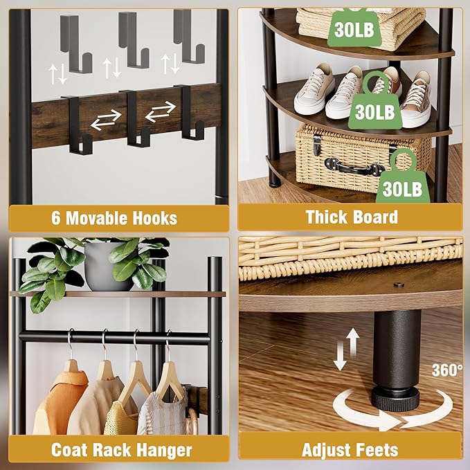 GiftGo Corner Hall Tree with Shoe Rack Entryway Coat Rack with 6 Metal Movable Hooks Floor Standing Clothes Rack Organizer for Home Office Bedroom (Rustic Brown) - Image 5