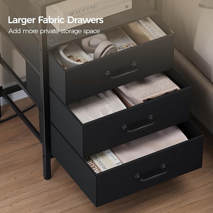 Tall Nightstand with Charging Station and LED Lights, Large Night Stands with 3 Fabric Drawers, Bedside Table with Storage Shelves and Hooks for Bedroom, Office, Dorm, Black - Image 8
