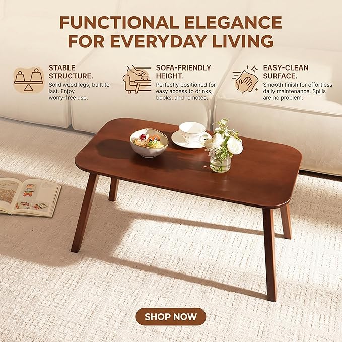 Coffee Table Foldable Mid Century Desk TV Stand with Open Storage Shelf Center Table for Living Room Furniture RV No Assembly, Brown (31.5IN)