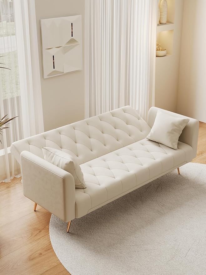 KEIKI 71 INCH Loveseat Sofa with Adjustable Backrest, Upholstered 2 Seater Velvet Couch for Living Room Bedroom Office Apartment, Beige