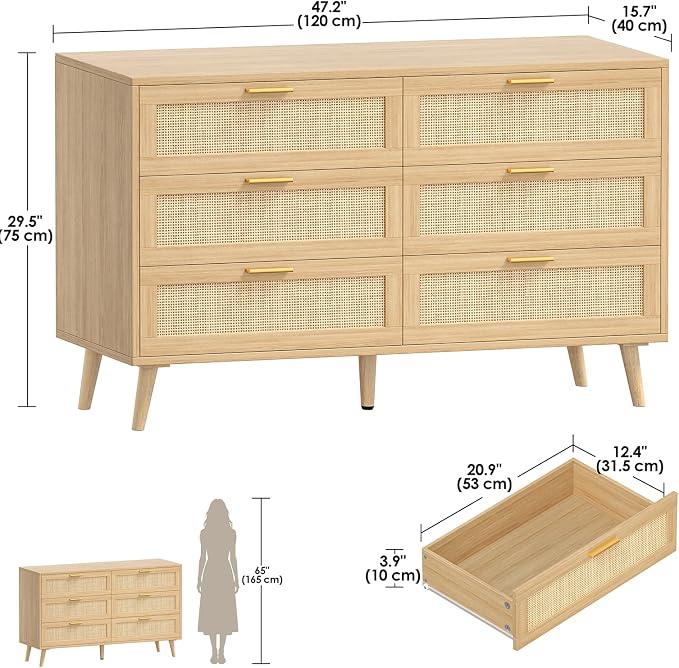 Rovaurx Rattan 6 Drawer Double Dresser for Bedroom, 47.2" Wide Boho Chest of Drawers, Modern Wooden Dresser Chest with Golden Handles, Beside Table for Closet, Living Room and Entryway, Natural Oak - Image 2