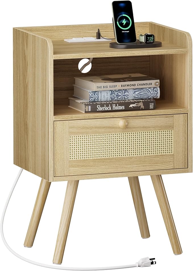 SUPERJARE Nightstand with Charging Station & Rattan-Like Decor Drawer, Rattan End Table with Solid Wood Feet, Bed Side Table with Open Storage, for Bedroom, Living Room, Dormitory - Natural by SUPERJARE