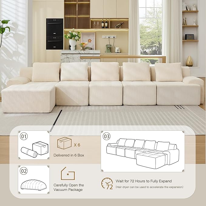 Modular Sectional Sofa, 6 Seat Modular Couch, Modular Sofa with Deep Seat and Detachable Pillow (White, 6 Pieces-L Shape)
