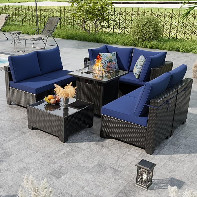 8 Piece Outdoor Patio Conversation Furniture Set Sectional Wicker Furniture Set with 28In Fire Pit Table, 50000 BTU Propane Firepit, Best for Garden Lawn Pool or Backyard, Coffee and Blue