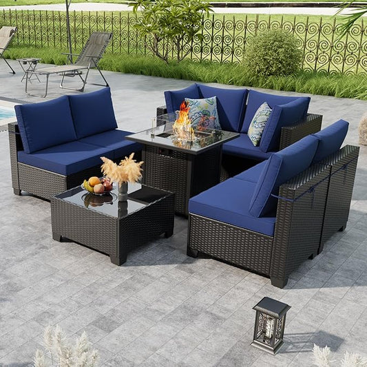 8 Piece Outdoor Patio Conversation Furniture Set Sectional Wicker Furniture Set with 28In Fire Pit Table, 50000 BTU Propane Firepit, Best for Garden Lawn Pool or Backyard, Coffee and Blue
