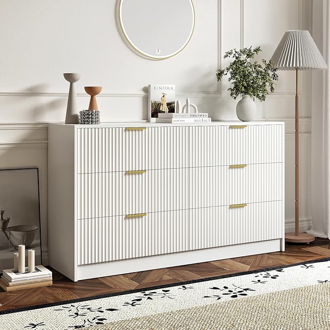 6 Drawer Dresser and Nightstand Sets for Bedroom, 3 Pcs Bedroom Set, Night Stand Set of 2 & 6 Drawer Dresser with Gold Handles, Modern Wood Chest of Drawers Storage Cabinet Set, White