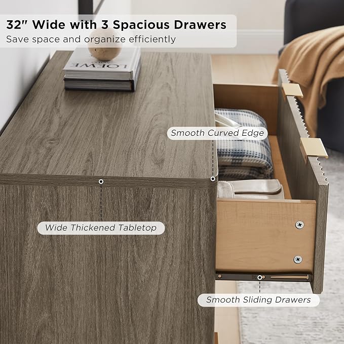 T4TREAM Fluted 3 Drawers Nightstand Set of 2, Oversized Extra Large Modern Side Table, End Table Bedside for Bedroom, Living Room, Curved Profile Design, Grey Alder - Image 5
