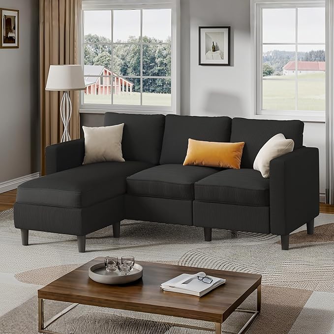 Shintenchi Convertible Sectional Sofa Couch,L-Shaped Modular Sofas with Reversible Ottoman,3-Seat Upholstered Corduroy Sofa Couch,Small Couches for Apartment,Living Room and Office(Black)