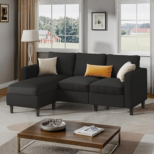 Shintenchi Convertible Sectional Sofa Couch,L-Shaped Modular Sofas with Reversible Ottoman,3-Seat Upholstered Corduroy Sofa Couch,Small Couches for Apartment,Living Room and Office(Black)