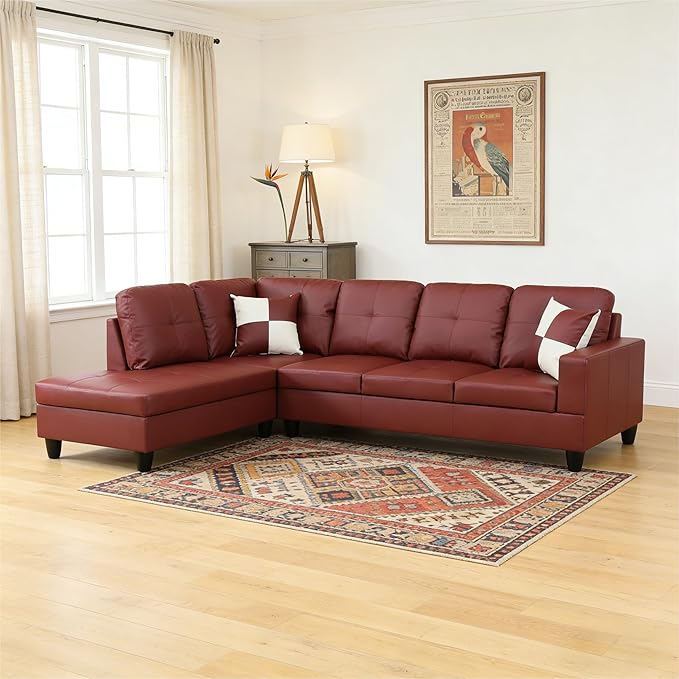 103.5 Inch Modern L-Shaped Couch, Faux Leather Sectional Sofa with Chaise Lounge, 4-Seater Couch with Accent Pillows for Living Room, Apartment, Dark Red