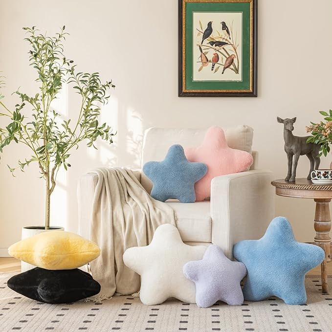 Star Pillow, Decorative Throw Pillow with Plush for Couch, Cute Decor Pillows for Bed, Aesthetic Star Shaped Pillow Fun Cushion for Sofa Living Room (Black, 14.9 Inches)
