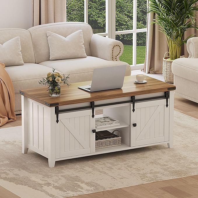 48" Farmhouse Lift Top Coffee Table with Storage, Sliding Barn Door, Large Hidden Compartment, Wooden Lifting Tabletop with Adjustable Shelf for Living Room, Office (White)