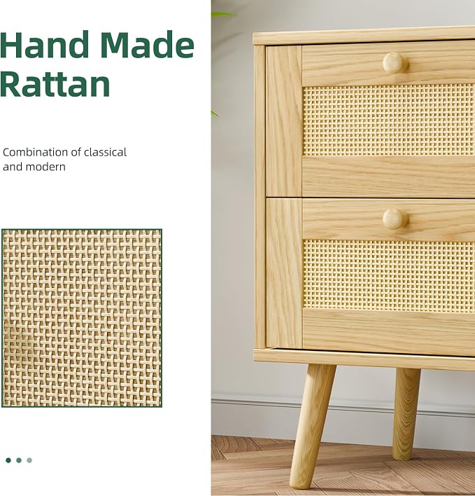 Rattan Nightstand, End Table, Dresser for Bedroom, Side Table with 2 Hand Made Rattan Decorated Drawers, Wood Night Stand Beside Table with Storage for Bedroom, Dorm, Natural, 1 Pack - Image 6