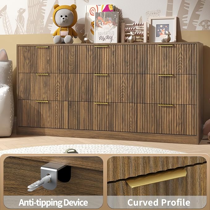 Dresser for Bedroom Set of 2, Long Dresser with 18 Drawers, Fluted Modern Bedroom Furniture Set, TV Stand Dressers & Chests of Drawers for Closet, Walnut (15.7" D x 125.8" W x 31.8" H)