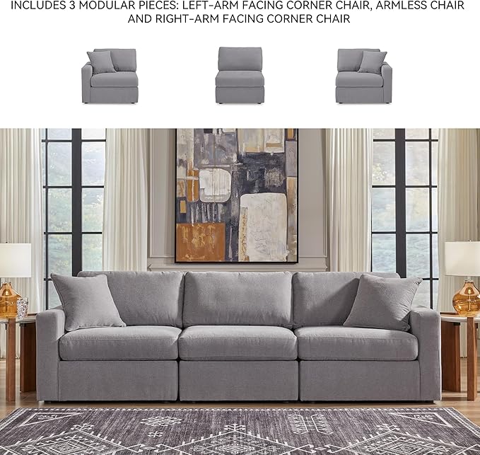 Signature Design by Ashley Modmax Casual Modular Stain Resistant 3-Piece Sofa with Removable Covers and 2 Accent Pillows, Light Gray
