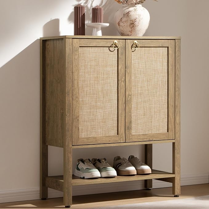 SICOTAS Rattan Shoe Cabinet with Storage - 5 Tier Farmhouse Boho Shoe Organizer Storage Cabinet with Shelves & Doors, Tall Shoe Rack Cabinet for Entryway, Living Room, Closet (Carbon Cherry) by SICOTAS