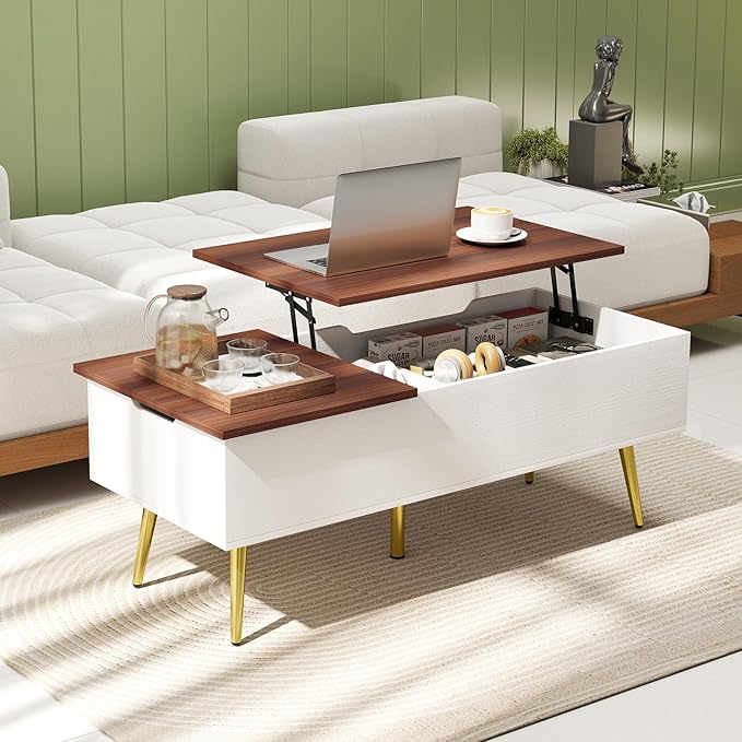 Tangkula Lift Top Coffee Table, Mid Century Modern Center Table with Split Top & 2 Hidden Compartments, Rectangle Accent Table with Tapered Metal Legs for Living Room (Walnut+White+Gold)