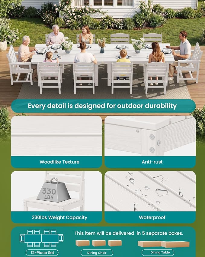 SERWALL Patio Dining Sets for 10 Person, HDPE Dining Set with 2 Tables, 8 Armless Chairs and 2 Armed Dining Chairs, White - Image 8