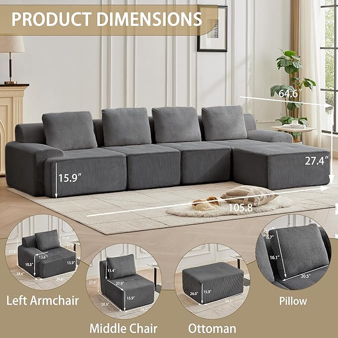 Modular Sectional Sofa with Movable Ottoman, 4 Seat Deep Seat Couch with 4 Pillows, Comfy Cloud Sectional Sofa for Living Room, Bedroom and Apartment (Grey, 1 Left+1 Right+2 Middle+1 Ottoman)