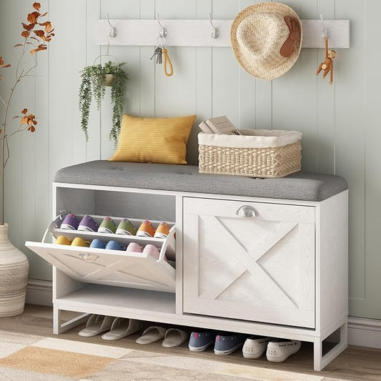 Maupvit Shoe Cabinet with 2 Flip Drawers & Coat Rack, Shoe Storage Bench with Seat Cushion for Entryway, 5 Large Sturdy Metal Hooks - with Locking Wall Parts, Elegant White by MaupvitFurniture