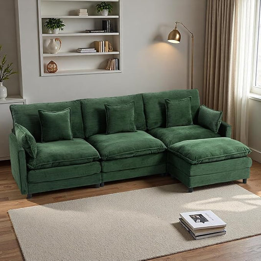 L Shaped Cloud Sofa, 4-Seater Modular Couch with Double Layer Upholstered Seat Cushion, Corduroy Sleeper Sofa with Ottoman & Pillows, Couches for Living Room, Bedrooms & Apartments, Green