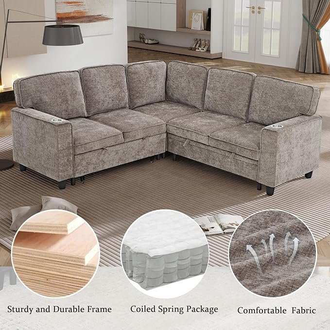 KEIKI 81" L-Shaped Oversized Chenille Modular Sectional Sleeper Sofa with Pull-Out Bed, Storage Seat, Modern 5-Seater Upholstered Couch Bed with Charging Station, Easy Assembly, for Living Room, Brown