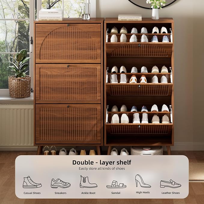 Fsbecl Shoe Storage Cabinet for Entryway with 3 Flip Drawers, Narrow Shoe Organizer with Fluted Panel, Freestanding Wood Hidden Shoe Cabinet for Hallway (Walnut, 23.6''W, Double Layer) - Image 7