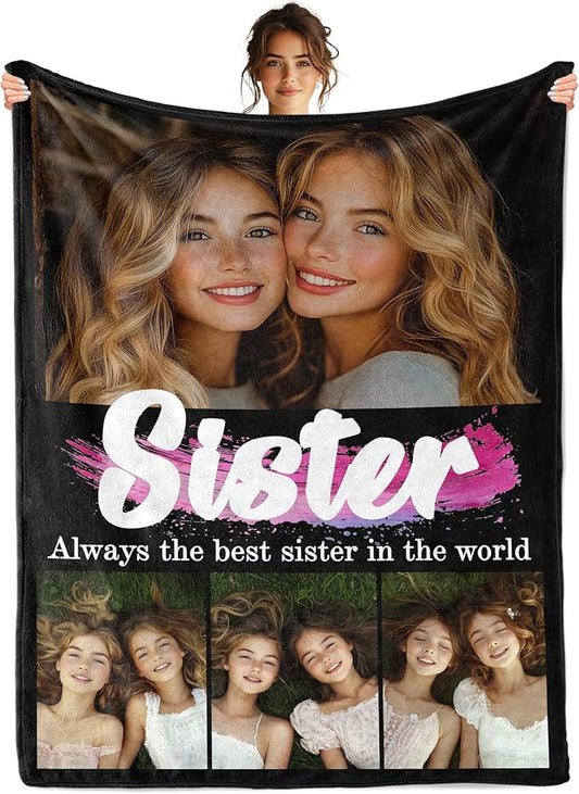 Personalized Best Sister Ever Gifts, Custom Blanket with Pictures Text, Birthday Gifts for Sister, Personalized Blanket with Photo for Women Best Friend, Besties, Friendship, BFF
