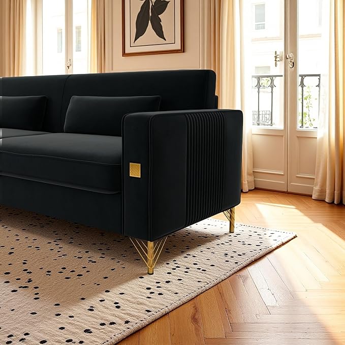 KEIKI 86" Oversized Luxury Velvet Sofa with Armrest and Removable Plush Cushions, Minimalist Gold Accents 3-Seater Couch with Solid Legs, Easy Assembly, for Living Room, Bedroom, Apartment, Black