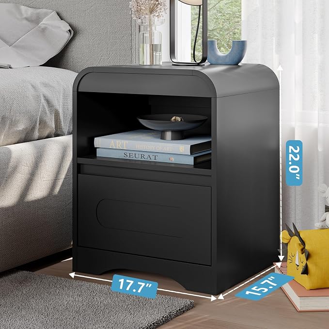 Night Stand [Curved Profile] Nightstand with 1 Drawer and 1 Storage Black Bed Side Table End Table Large Modern Wide Bedside Stand Tall Night Stands for Bedroom Living Room Sofa Couch Home Office - Image 2