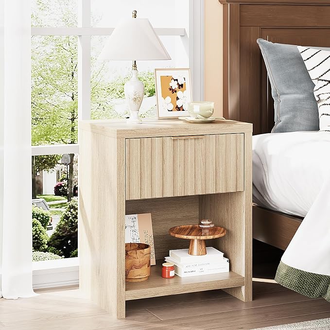 VINGLI Fluted Oak Nightstand Set of 2, 20" W Mid Century Modern Nightstand for Bedroom, Bedside Table, End Tables Bedroom, Wood Side Table - Image 2