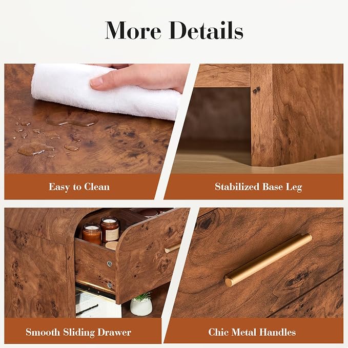 Night Stand Set of 2 [Unique Curved Profile] [FSC-Certified Wooden Board] 1-Drawer and 1 Storage Shelf Nightstand 24" H Metal Handle Modern Bedside Table Side Table End Table - Image 8
