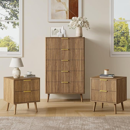 LYNSOM Fluted Dresser and Nightstand Sets 3 Piece, 5-Drawers Dresser and 2-Drawer Nightstands Set of 2, Wood Bedroom Furniture Set for Home, Bedroom, Hallway, Walnut