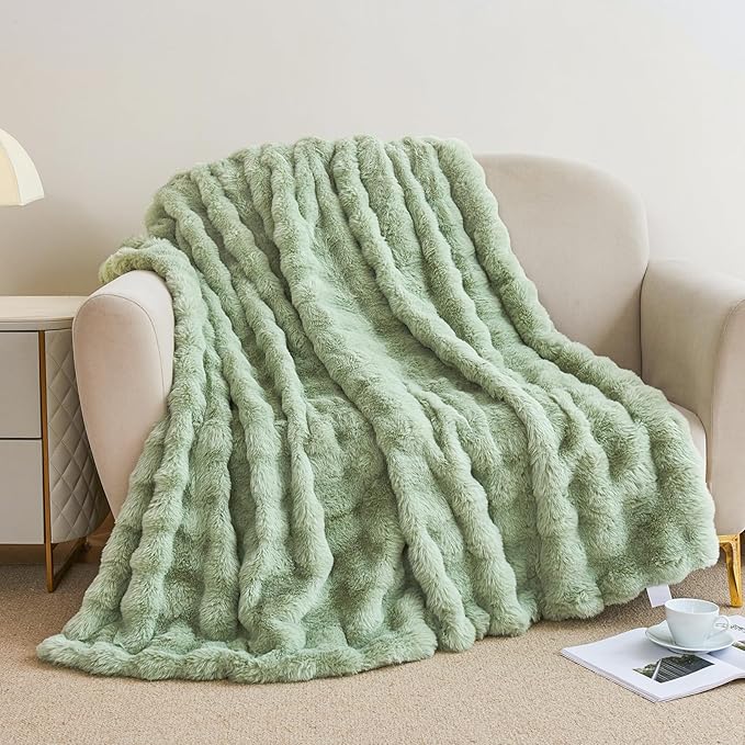 Faux Rabbit Fur Throw Blanket for Couch, Fluffy Warm Plush Thick Bubble Blanket for Bed Sofa Living Room, Soft Cozy Furry Blanket, 50x60 inches, Sage Green