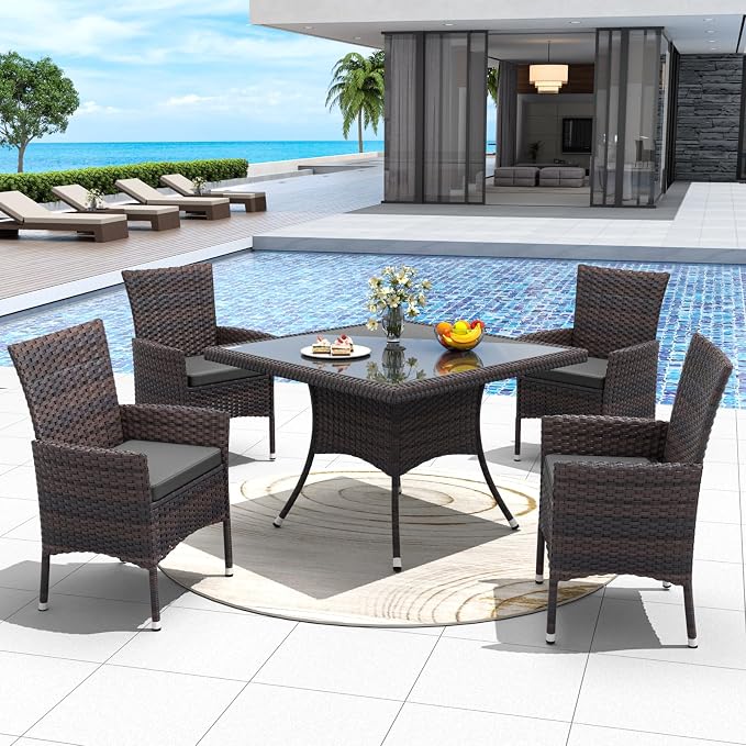 ALAULM 5 Piece Patio Dining Set All-Weather Wicker Outdoor Furniture Set w/Tempered Glass Tabletop, Removable Cushions and Umbrella Hole for Patio, Backyard, Garden, Poolside（Grey） - Image 6