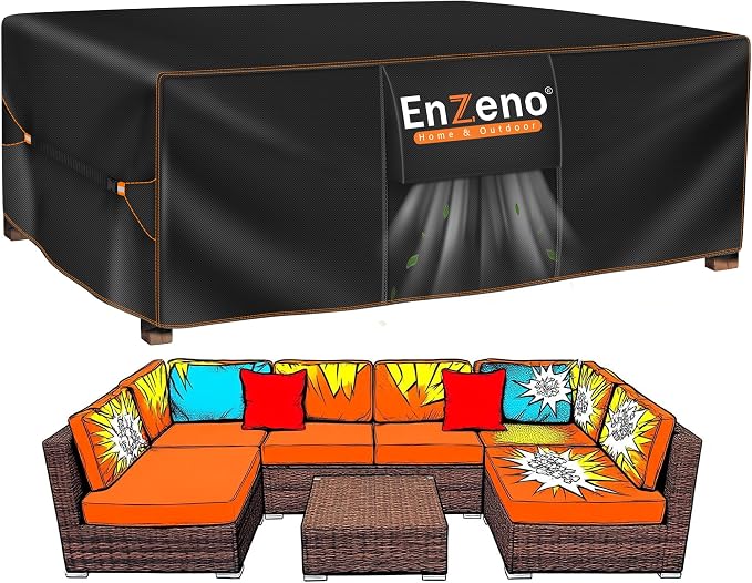 Enzeno Patio Furniture Set Cover, Outdoor Sectional Sofa Couch Set Covers Waterproof, Garden Dining Table Chair Set Cover Outside Rectangular Heavy Duty Weatherproof 110" L x 57" W x 28" H Black… by Enzeno