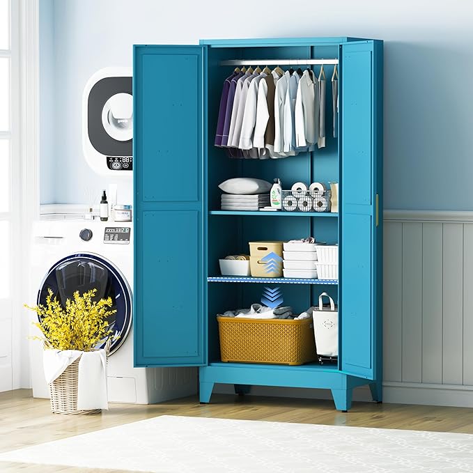 Metal Armoire Wardrobe Closet with Hanging Rod, 71'' Metal Wardrobe Cabinets with 2 Doors and Adjustable Shelves, Bedroom Armoires, Laundry Room Clothing Storage Cabinet, Office Wardrobes