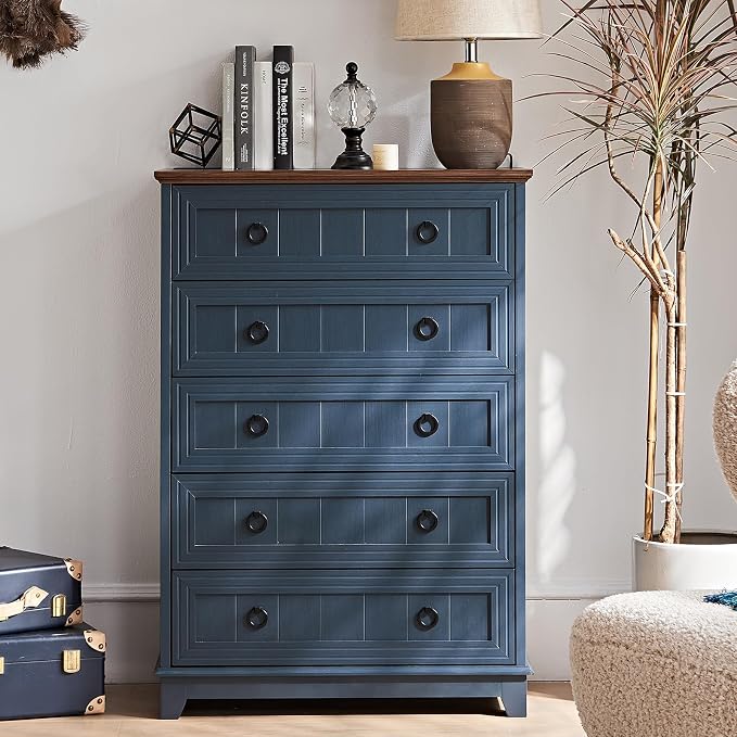 Joaxswe Farmhouse 5 Drawer Dresser for Bedroom, 42" Tall Small Dressers & Chest of Drawers, Rustic Wood Dresser with Metal Handle, Storage Organizer Closet for Living Room, Hallway, Entryway - Image 6